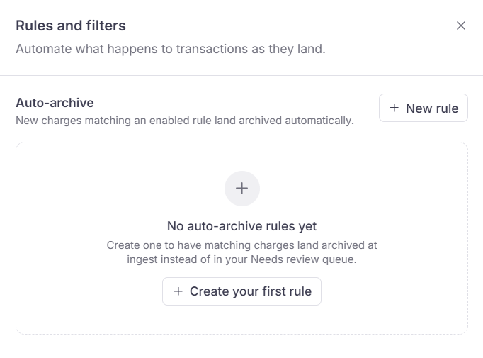 Rules and filters drawer with an empty Auto-archive list and Create your first rule