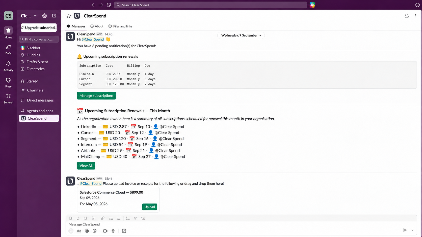 ClearSpend Slack notifications for invoices and renewals