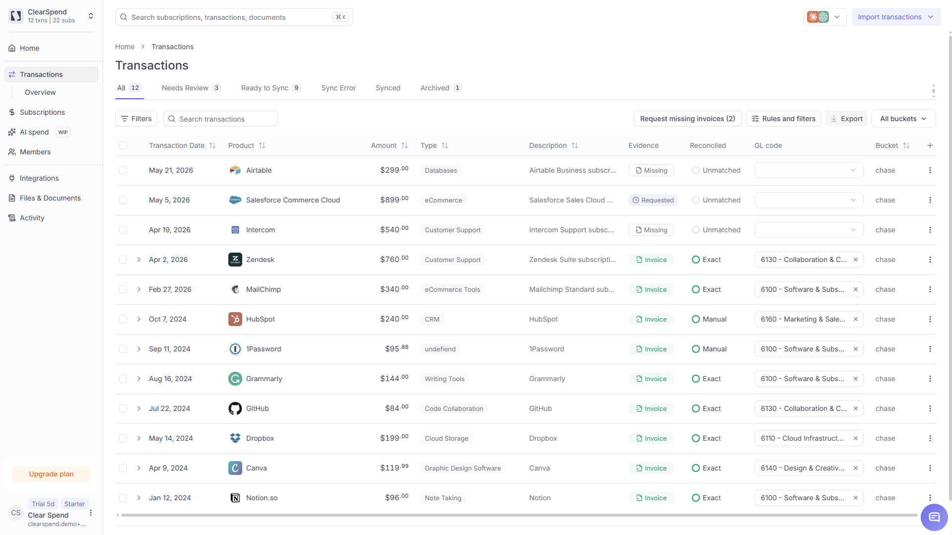 Transactions page with reconciliation status